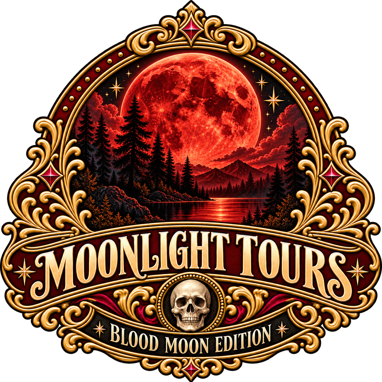 Moonlight Tours Blood Moon Edition crest with a red moon over the Sierra foothills