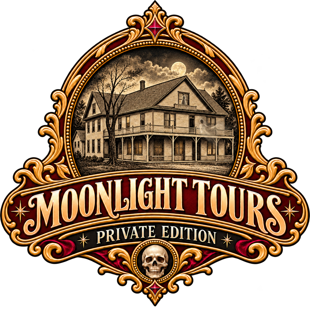 Moonlight Tours Private Edition crest featuring a historic Gold Country hotel