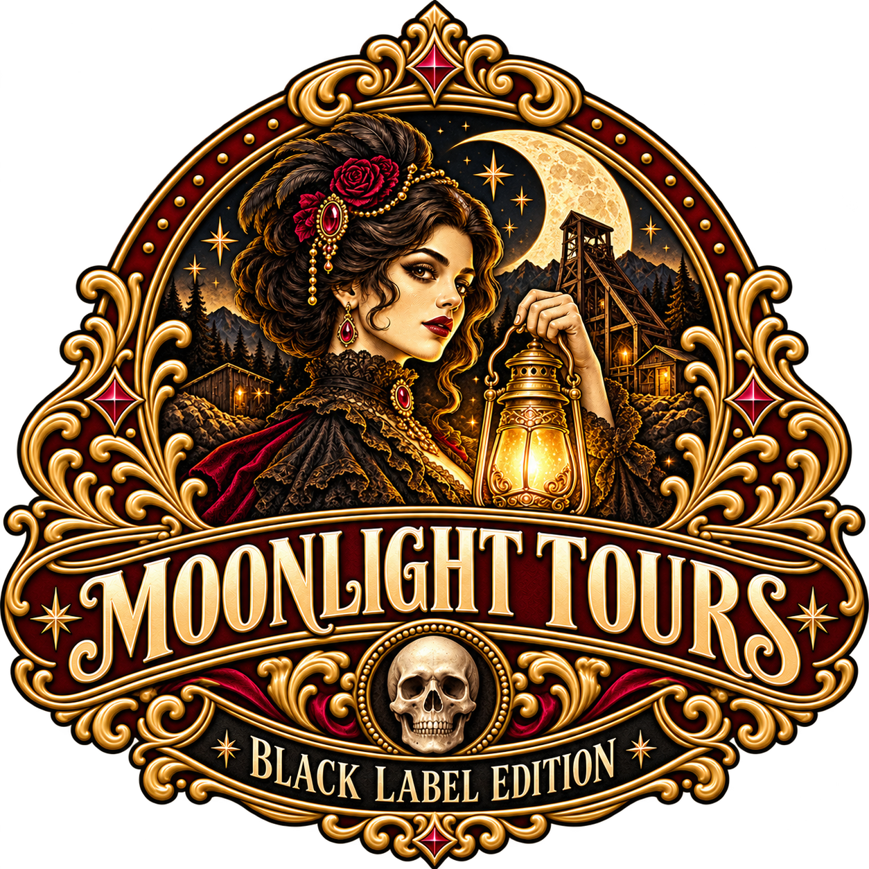 Moonlight Tours Black Label Edition crest with a mine and skull